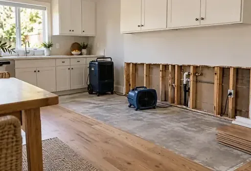 Drying equipment stands beside exposed lower wall framing in a white kitchen