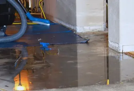 An extraction attachment rests in standing water beside an interior wall