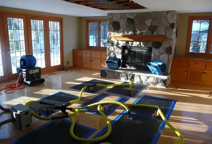 Drying mats and yellow hoses spread across flooring near a stone fireplace