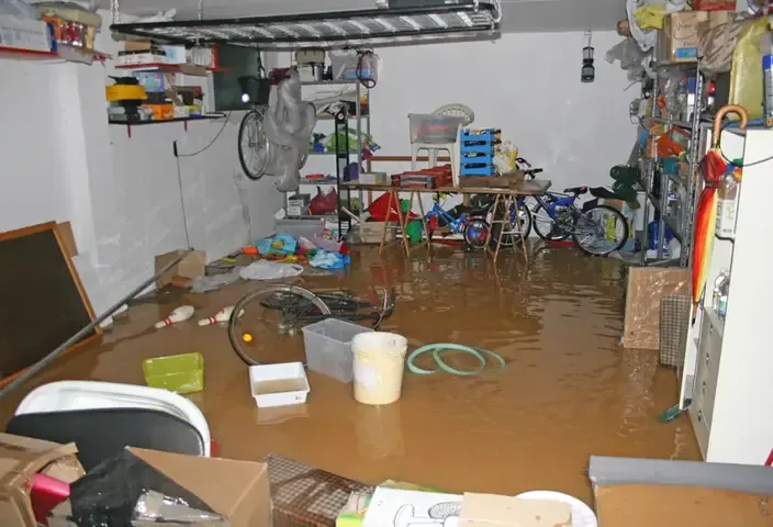 Muddy water covering a storage room floor around boxes and equipment
