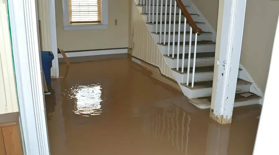 Muddy water covers a hallway floor at the bottom of a staircase