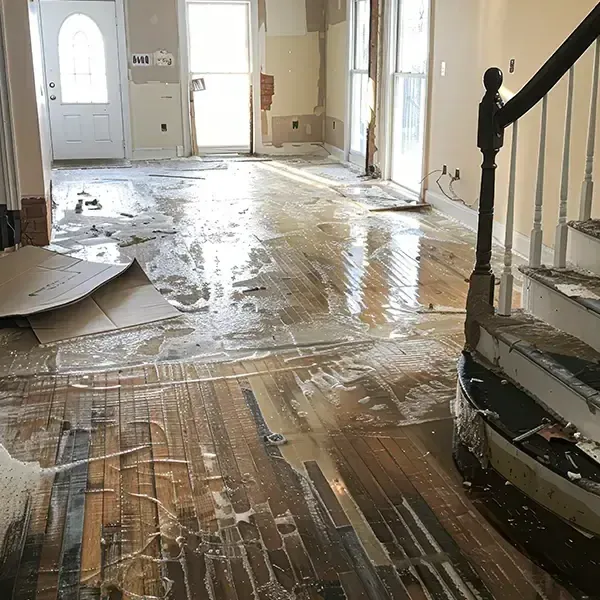 Damaged flooring and water near a staircase inside a bright room