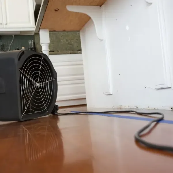 An air mover on wood flooring beside an interior doorway