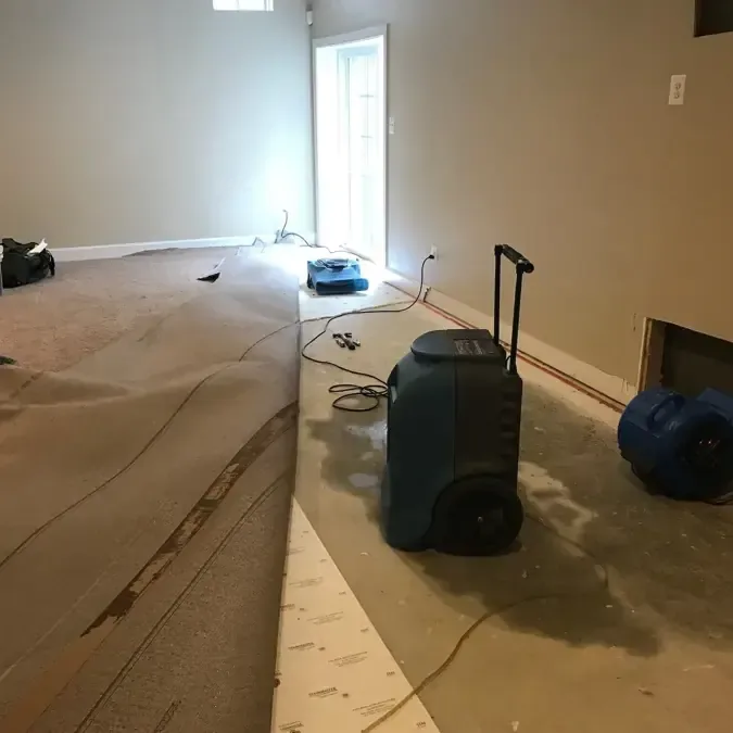 Drying equipment beside exposed flooring and remaining carpet in an interior room