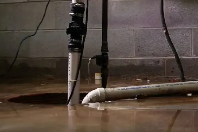 Water pools around sump equipment and discharge pipes on a basement floor