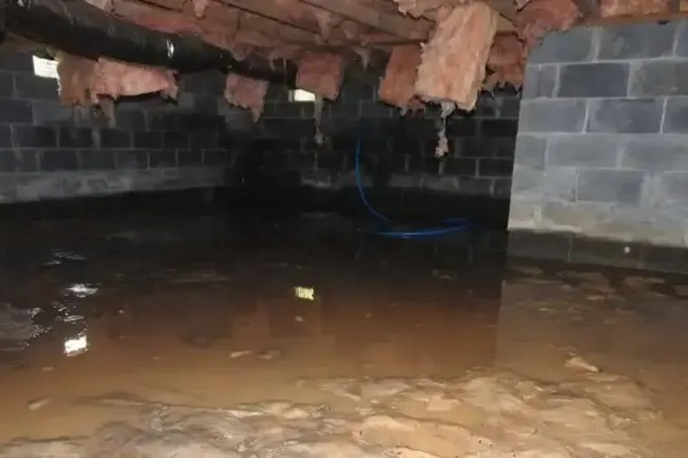 Muddy standing water beneath exposed insulation in a block wall crawl space