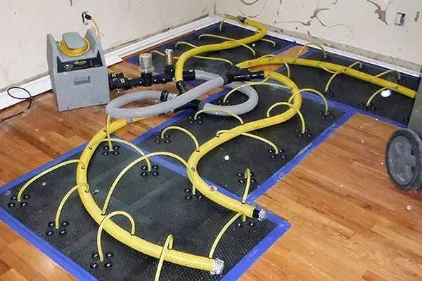 Drying mats and connected hoses cover a wet hardwood floor