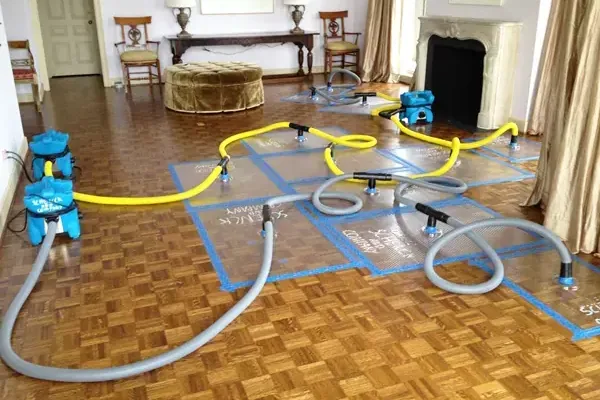 Drying mats and hoses connect to equipment on a parquet wood floor