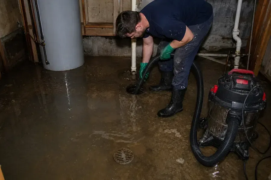 A worker extracts standing water beside a basement floor drain