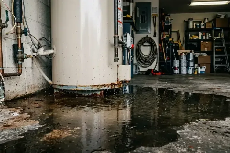 Water collects on a garage floor around a leaking tank